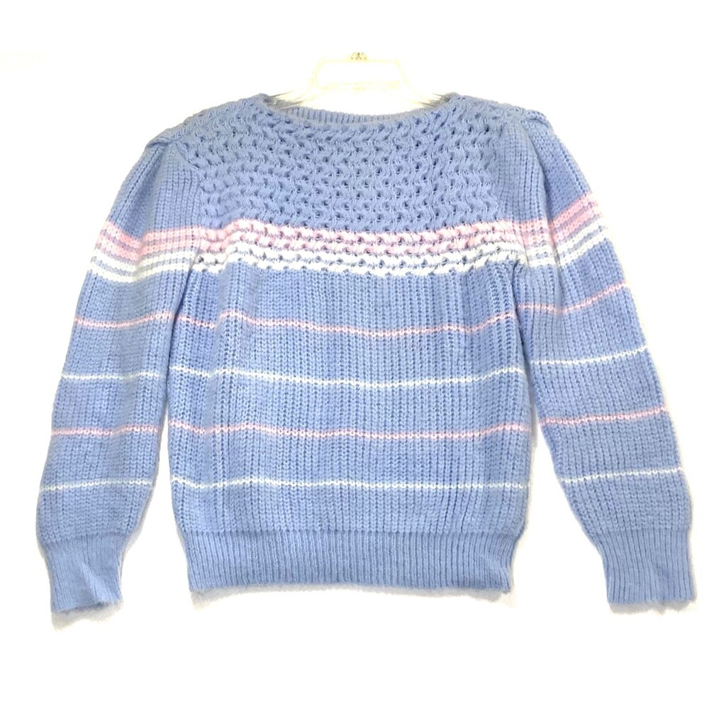 Vintage 80s Arielle Sweater Womens Large Retro Blue Striped Boat Neck